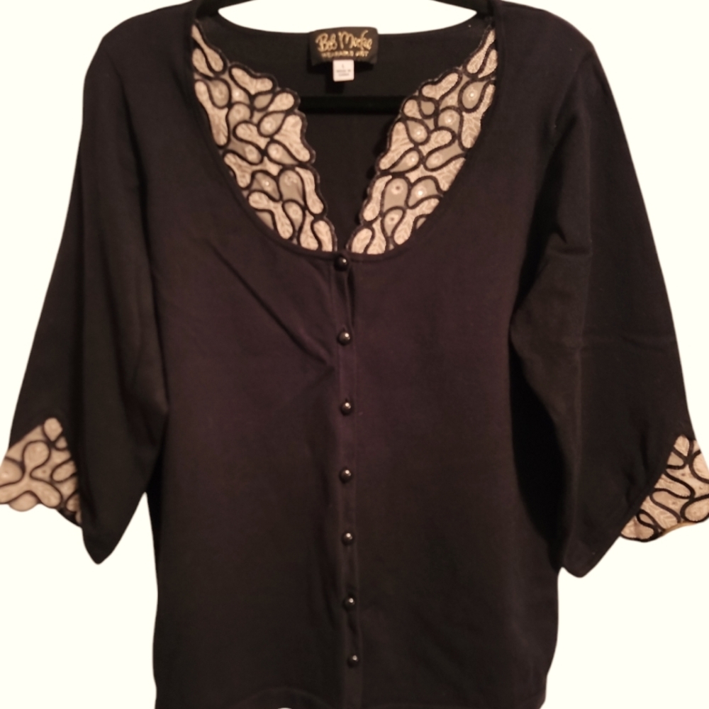 Bob Mackie Black Cardigan with Lace Trim